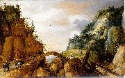 Joos de Momper mountainous landscape with horsemen and travellers crossing a bridge. oil painting